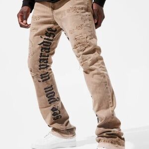 Jordan Craig Tan Relaxed Jeans with Black Print